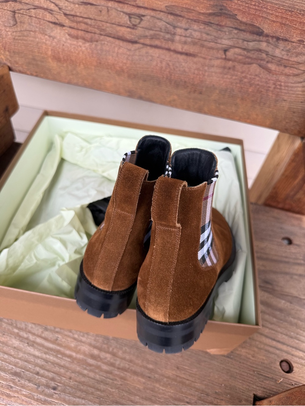 Burberry Brown Suede Chelsea Boots with Plaid check Elastic Panels size 37.5 - Picture 3 of 8